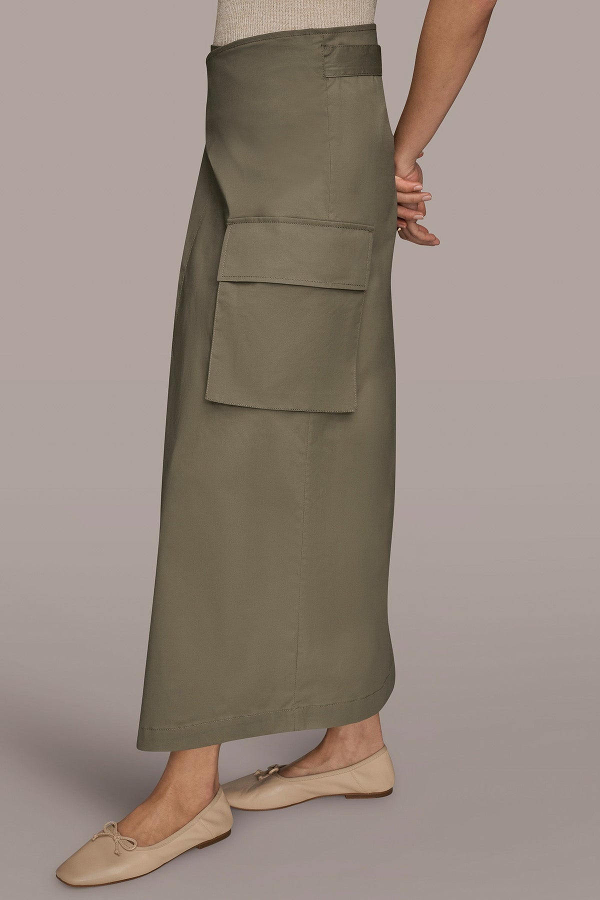 ASYMMETRIC MIDI WRAP CARGO SKIRT - KHAKI GREEN