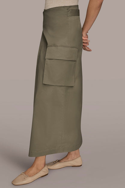 ASYMMETRIC MIDI WRAP CARGO SKIRT - KHAKI GREEN
