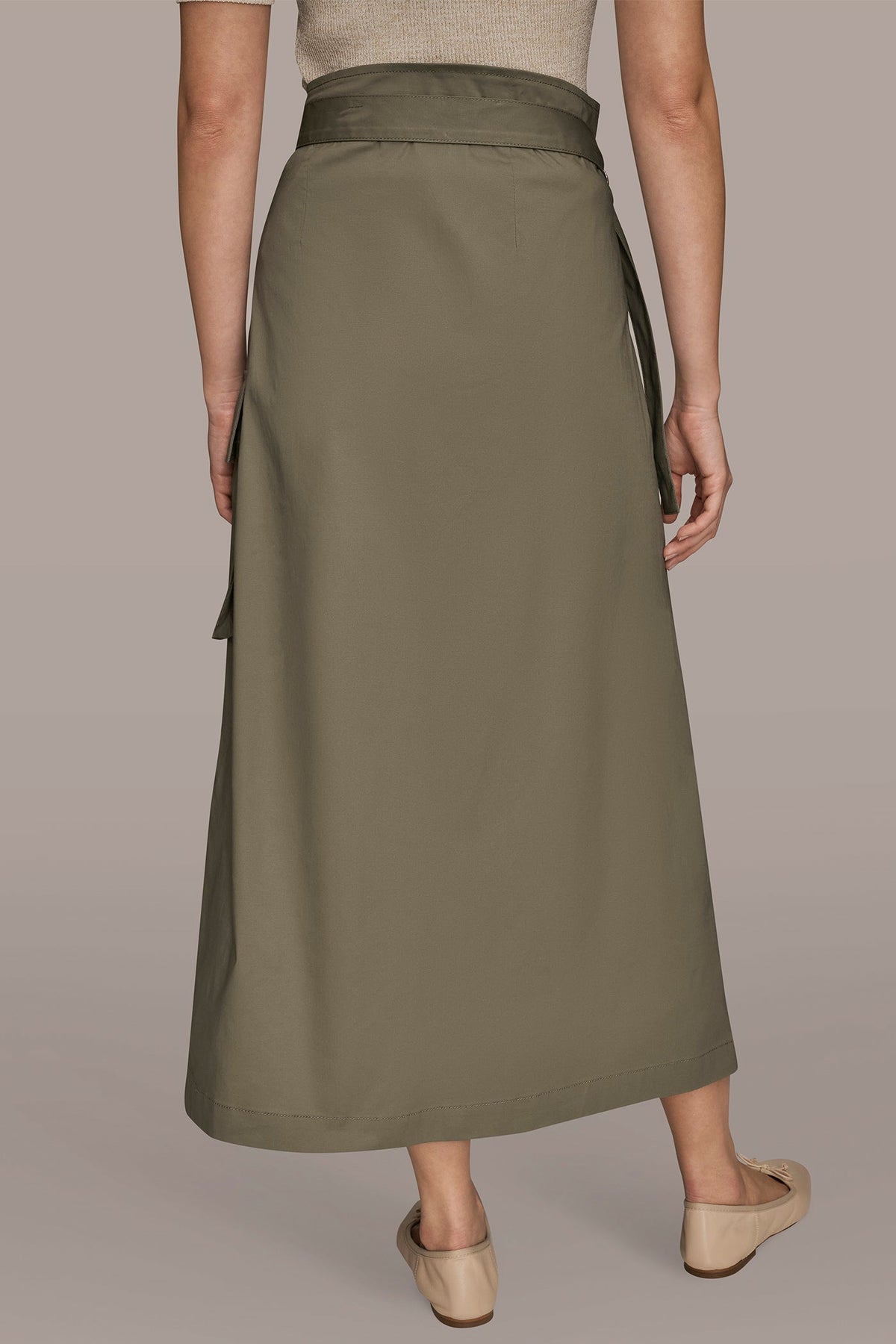 ASYMMETRIC MIDI WRAP CARGO SKIRT - KHAKI GREEN