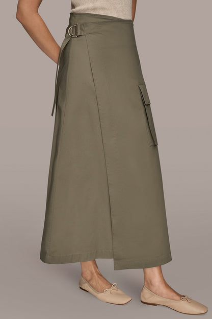 ASYMMETRIC MIDI WRAP CARGO SKIRT - KHAKI GREEN