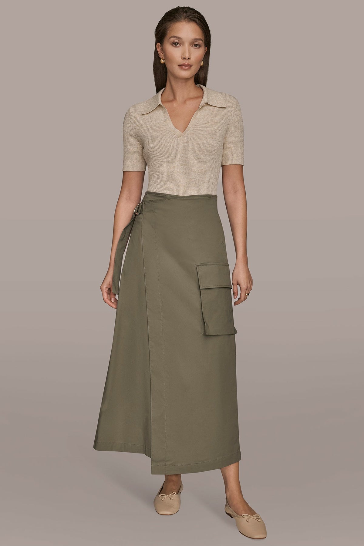 ASYMMETRIC MIDI WRAP CARGO SKIRT - KHAKI GREEN