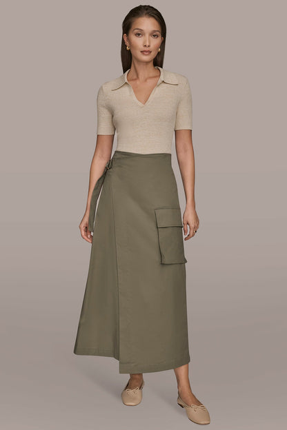ASYMMETRIC MIDI WRAP CARGO SKIRT - KHAKI GREEN