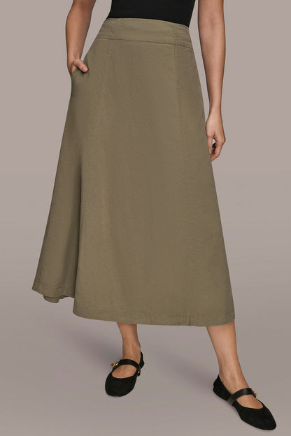 BRUSHED MIDI PANEL TRUMPET SKIRT - KHAKI GREEN