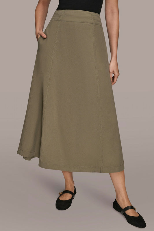 BRUSHED MIDI PANEL TRUMPET SKIRT - KHAKI GREEN