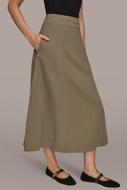 BRUSHED MIDI PANEL TRUMPET SKIRT - KHAKI GREEN