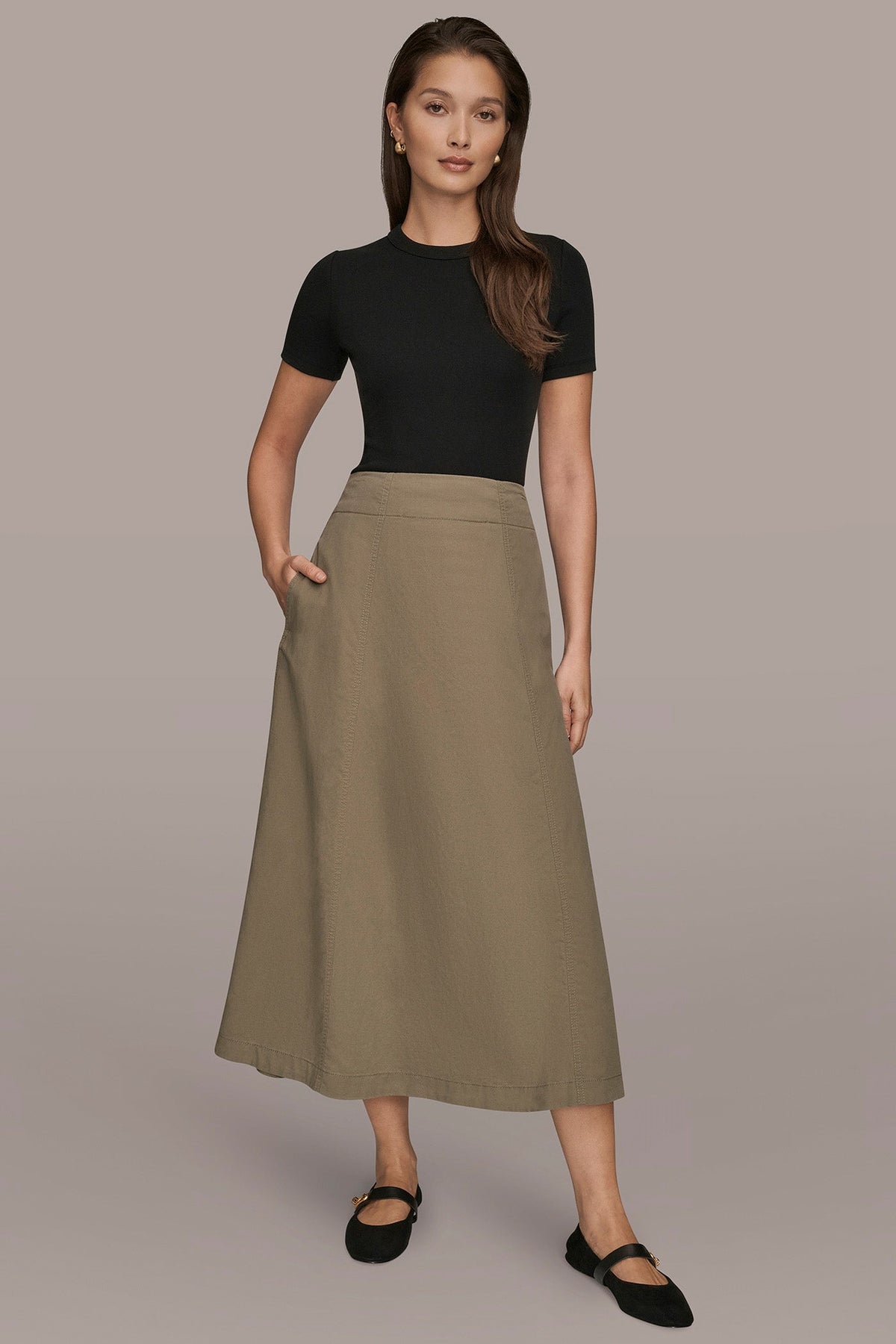 BRUSHED MIDI PANEL TRUMPET SKIRT - KHAKI GREEN