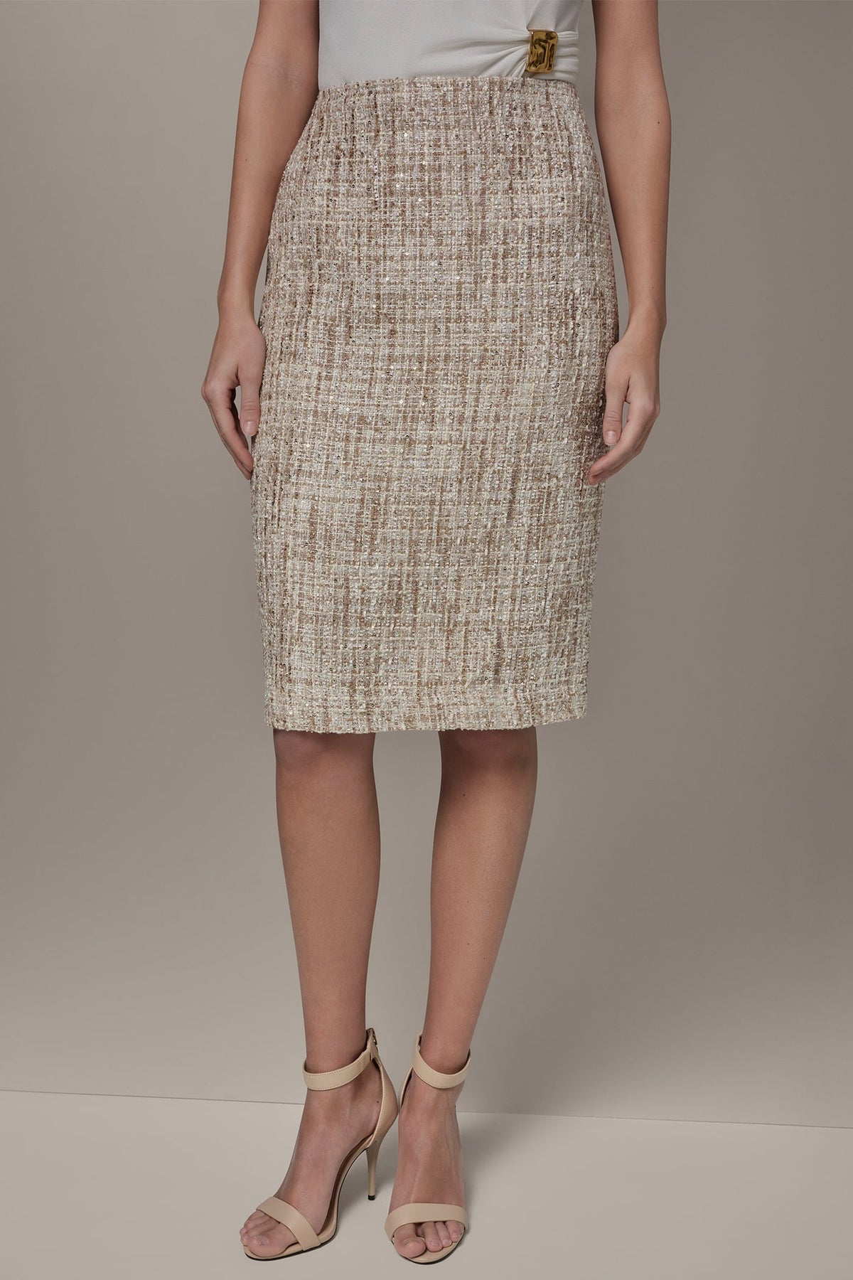 SEQUIN TWEED MIDI SUIT PENCIL SKIRT - Dark Cream Multi