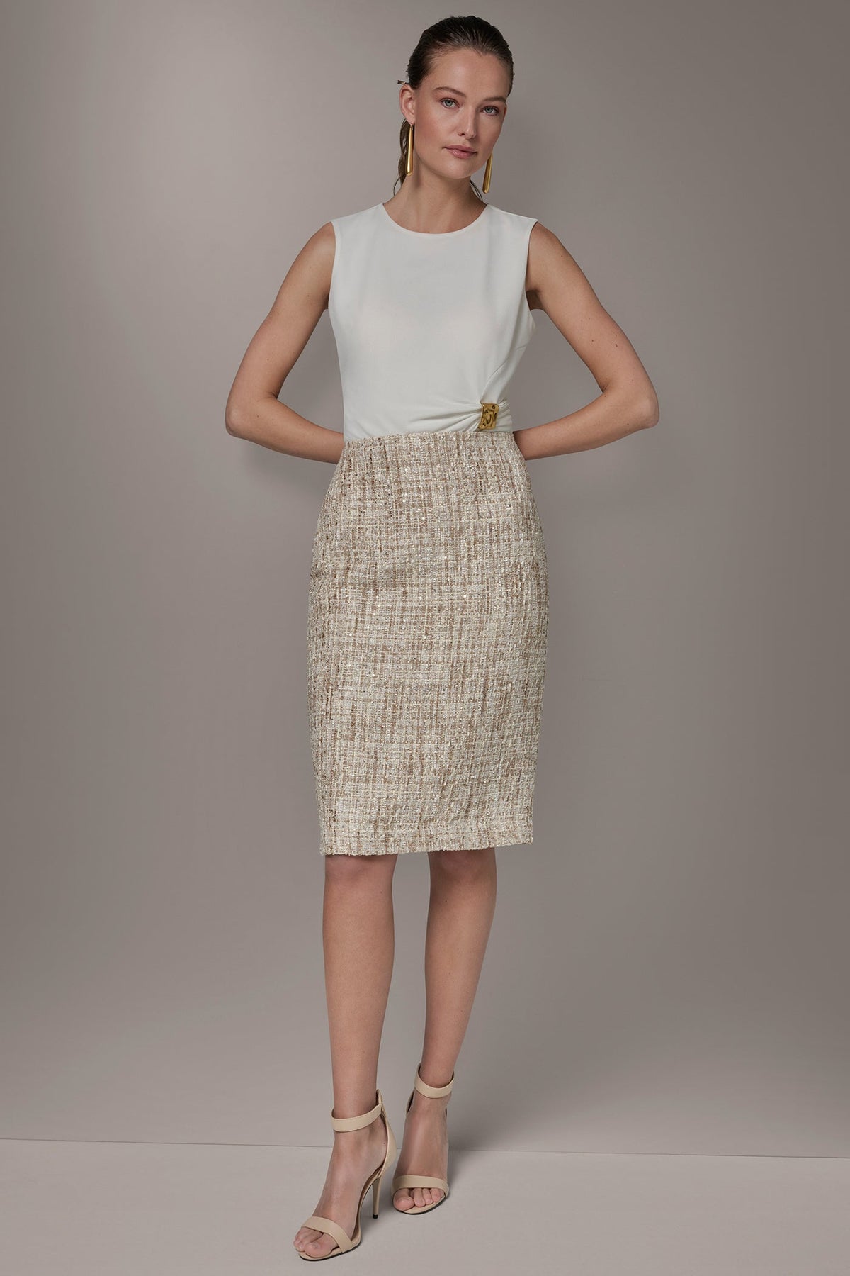 SEQUIN TWEED MIDI SUIT PENCIL SKIRT - Dark Cream Multi