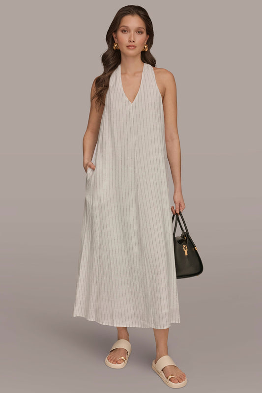 TWIST-BACK MIDI HALTER DRESS - Cream/Black