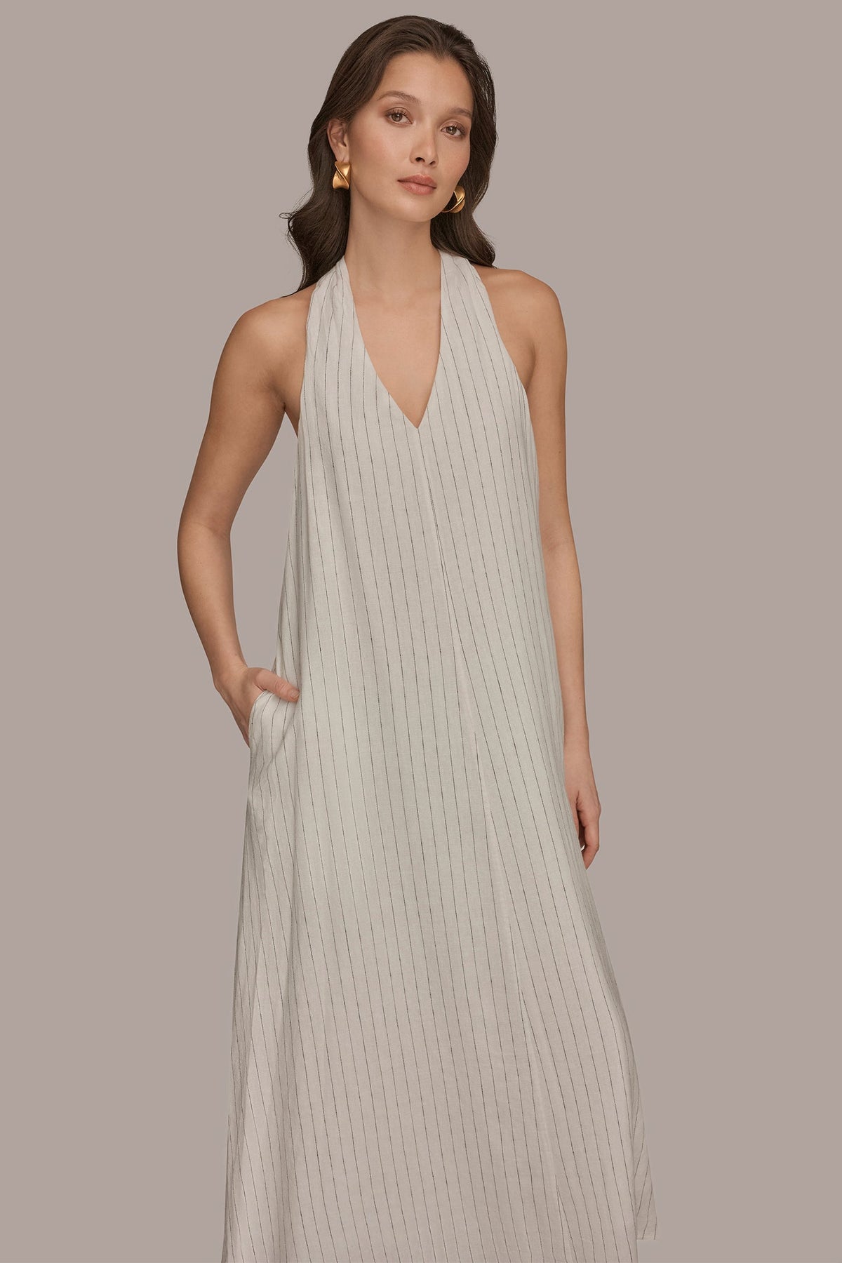 TWIST-BACK MIDI HALTER DRESS - Cream/Black