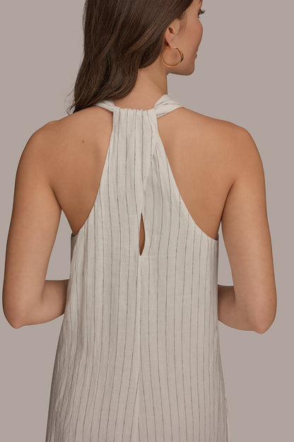 TWIST-BACK MIDI HALTER DRESS - Cream/Black