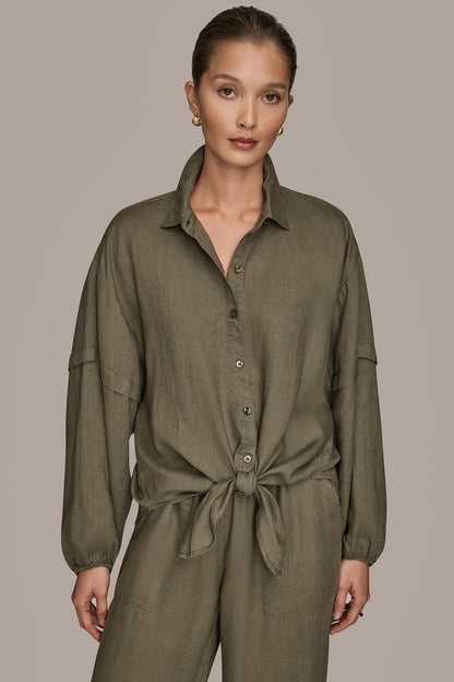 LINEN BLOUSON SLEEVE TIE-FRONT SHIRT - KHAKI GREEN