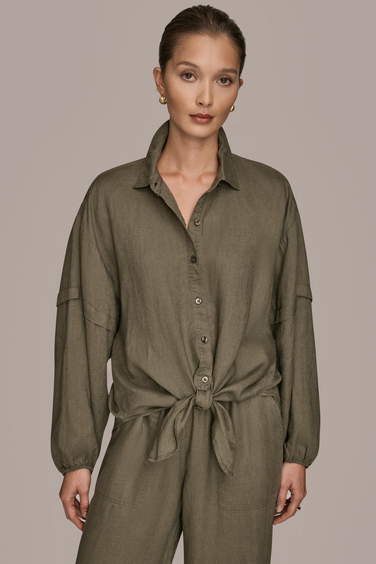 LINEN BLOUSON SLEEVE TIE-FRONT SHIRT - KHAKI GREEN