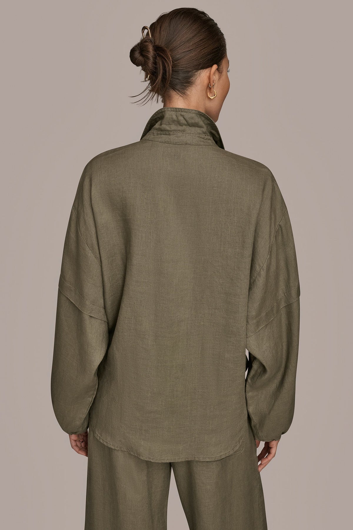 LINEN BLOUSON SLEEVE TIE-FRONT SHIRT - KHAKI GREEN