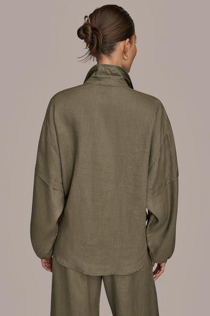 LINEN BLOUSON SLEEVE TIE-FRONT SHIRT - KHAKI GREEN