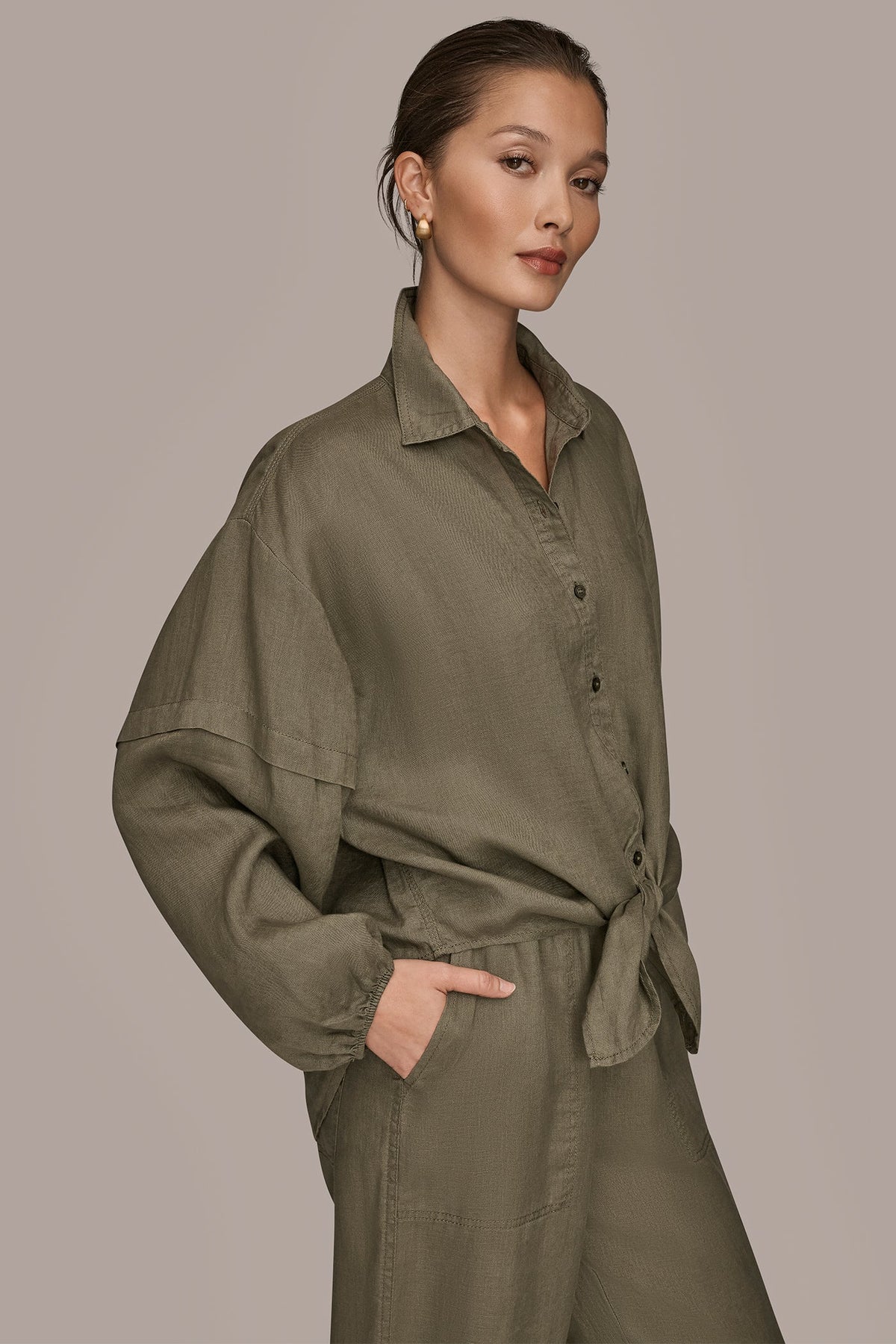 LINEN BLOUSON SLEEVE TIE-FRONT SHIRT - KHAKI GREEN