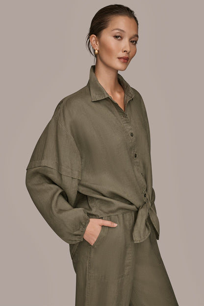 LINEN BLOUSON SLEEVE TIE-FRONT SHIRT - KHAKI GREEN