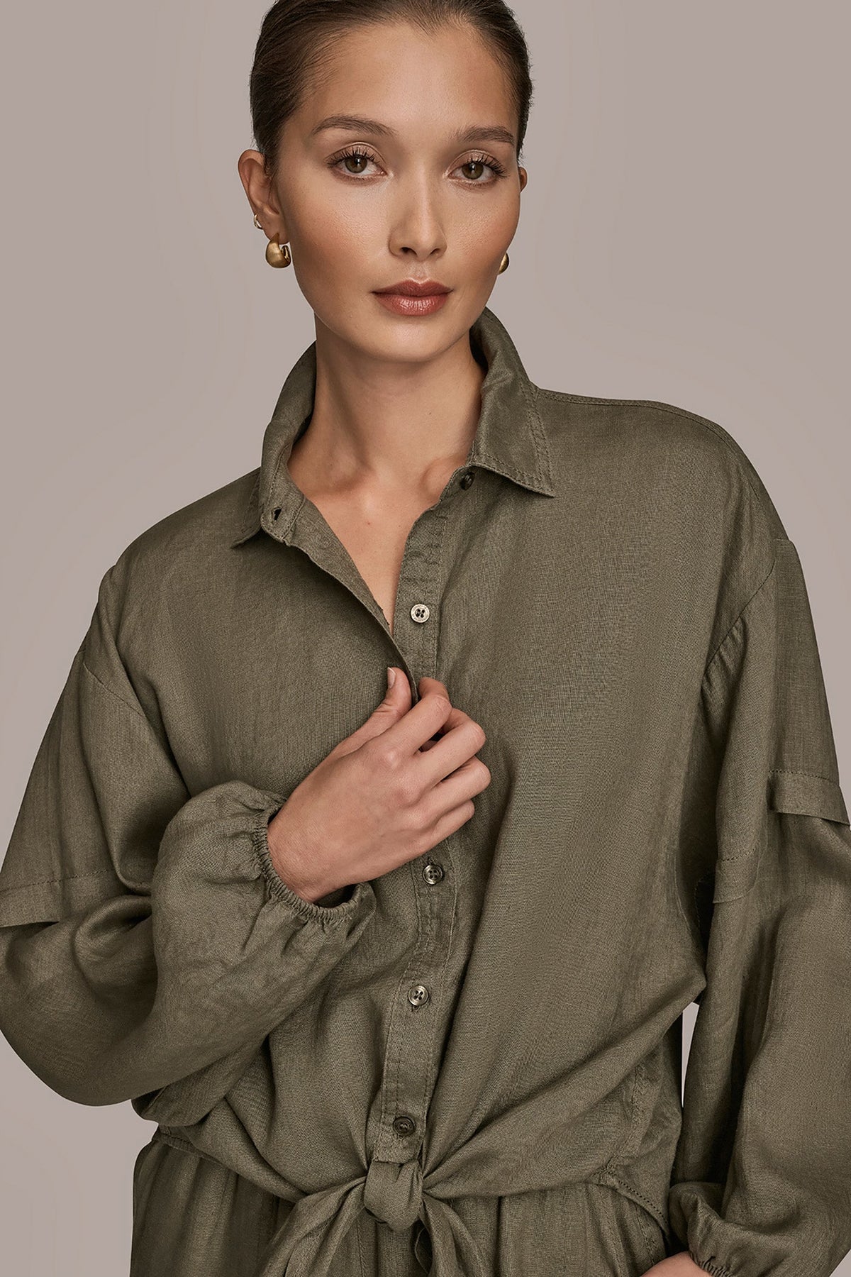 LINEN BLOUSON SLEEVE TIE-FRONT SHIRT - KHAKI GREEN