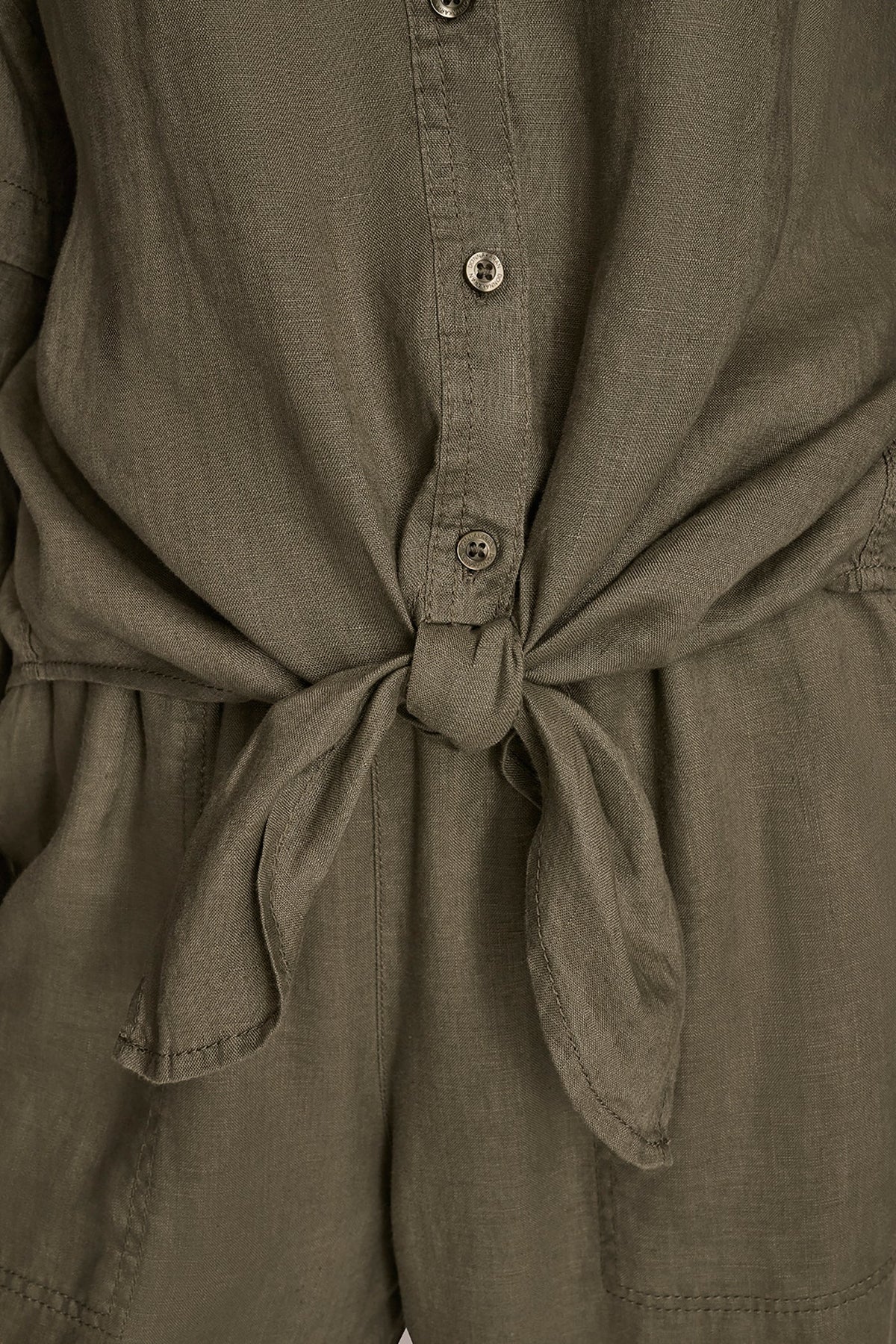 LINEN BLOUSON SLEEVE TIE-FRONT SHIRT - KHAKI GREEN