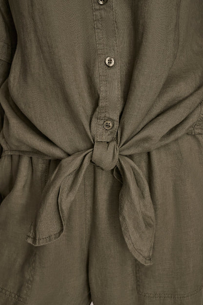 LINEN BLOUSON SLEEVE TIE-FRONT SHIRT - KHAKI GREEN