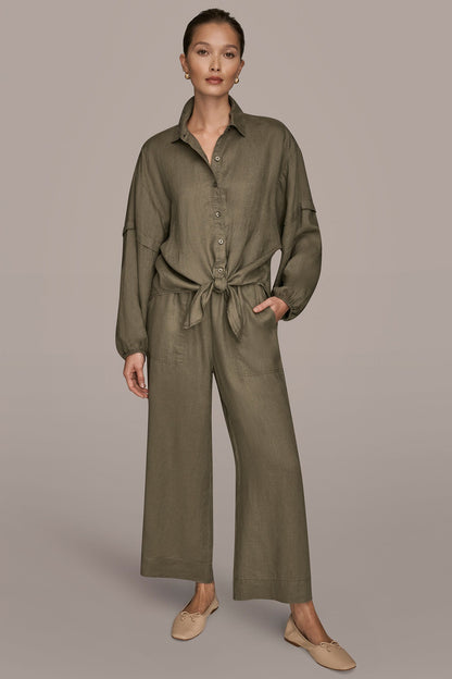 LINEN BLOUSON SLEEVE TIE-FRONT SHIRT - KHAKI GREEN