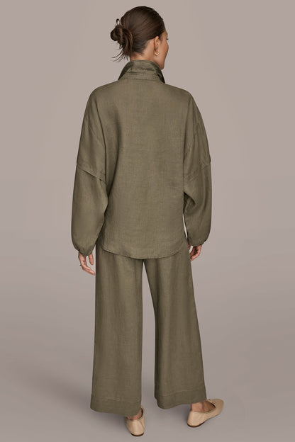 LINEN BLOUSON SLEEVE TIE-FRONT SHIRT - KHAKI GREEN