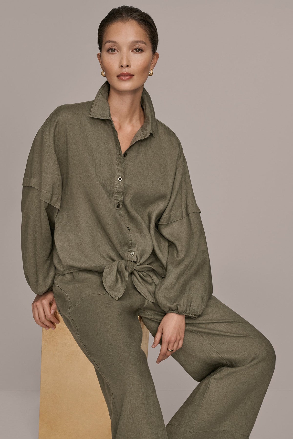 LINEN BLOUSON SLEEVE TIE-FRONT SHIRT - KHAKI GREEN