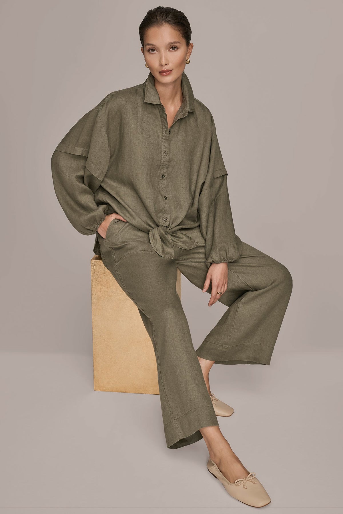 LINEN BLOUSON SLEEVE TIE-FRONT SHIRT - KHAKI GREEN