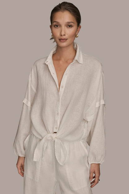 LINEN BLOUSON SLEEVE TIE-FRONT SHIRT - CREAM