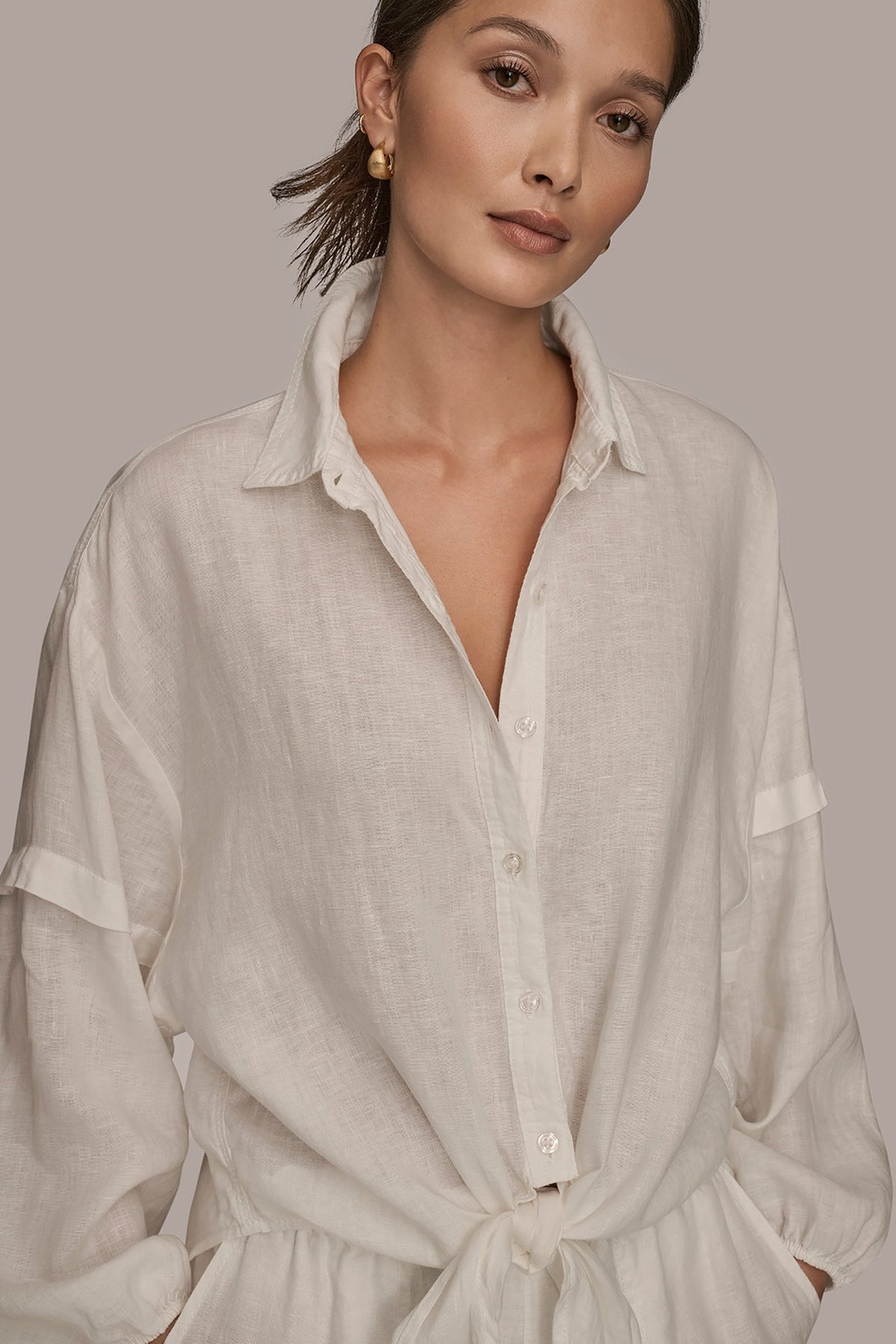 LINEN BLOUSON SLEEVE TIE-FRONT SHIRT - CREAM