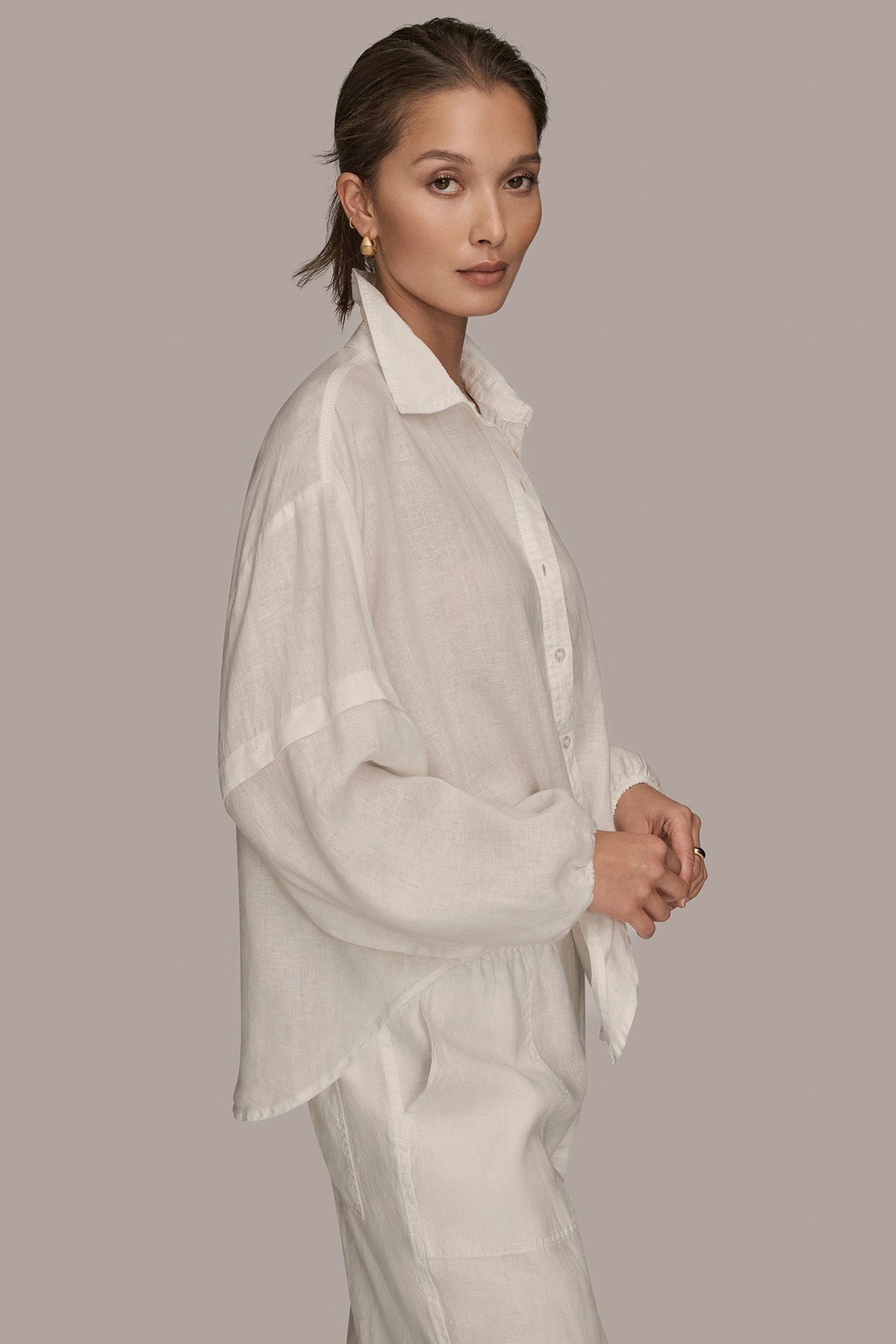 LINEN BLOUSON SLEEVE TIE-FRONT SHIRT - CREAM