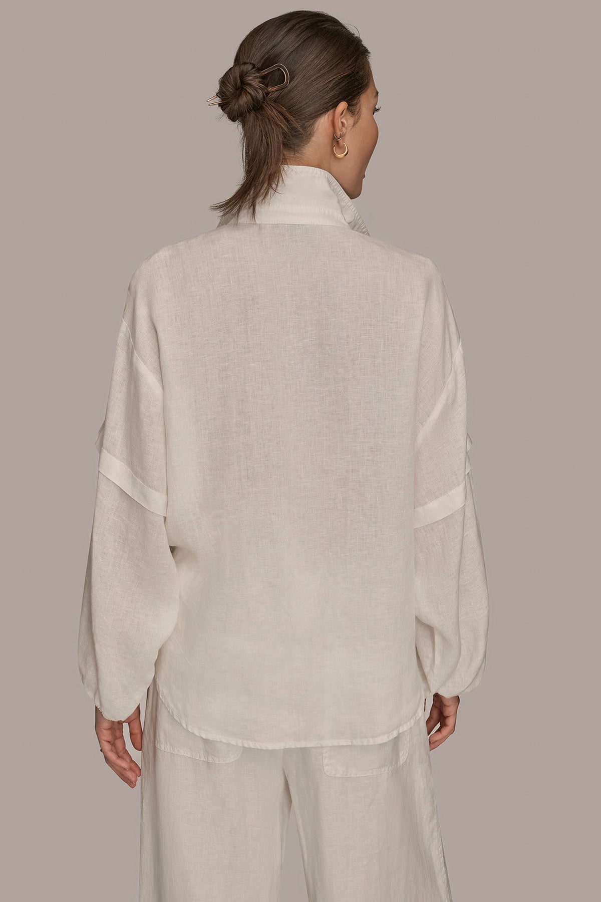 LINEN BLOUSON SLEEVE TIE-FRONT SHIRT - CREAM