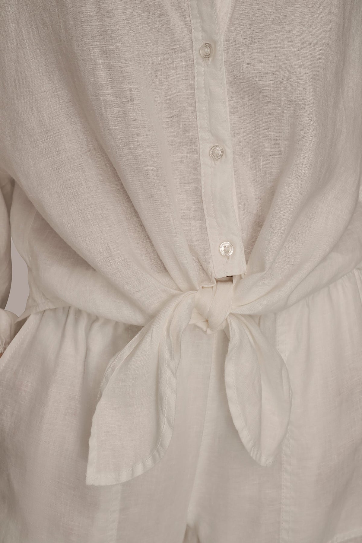 LINEN BLOUSON SLEEVE TIE-FRONT SHIRT - CREAM