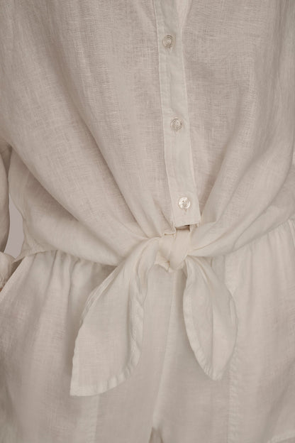 LINEN BLOUSON SLEEVE TIE-FRONT SHIRT - CREAM