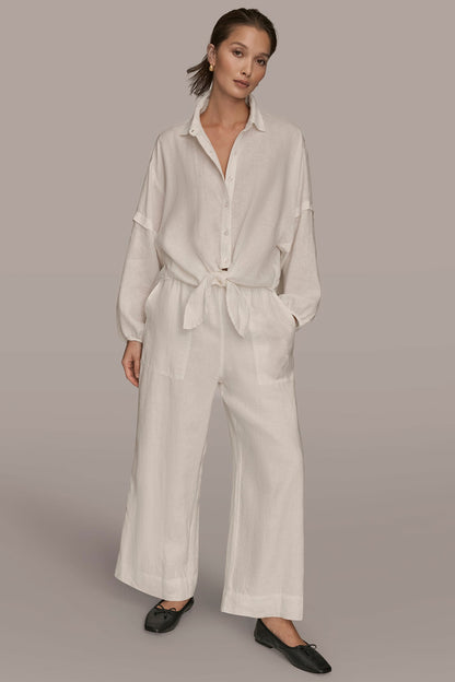 LINEN BLOUSON SLEEVE TIE-FRONT SHIRT - CREAM
