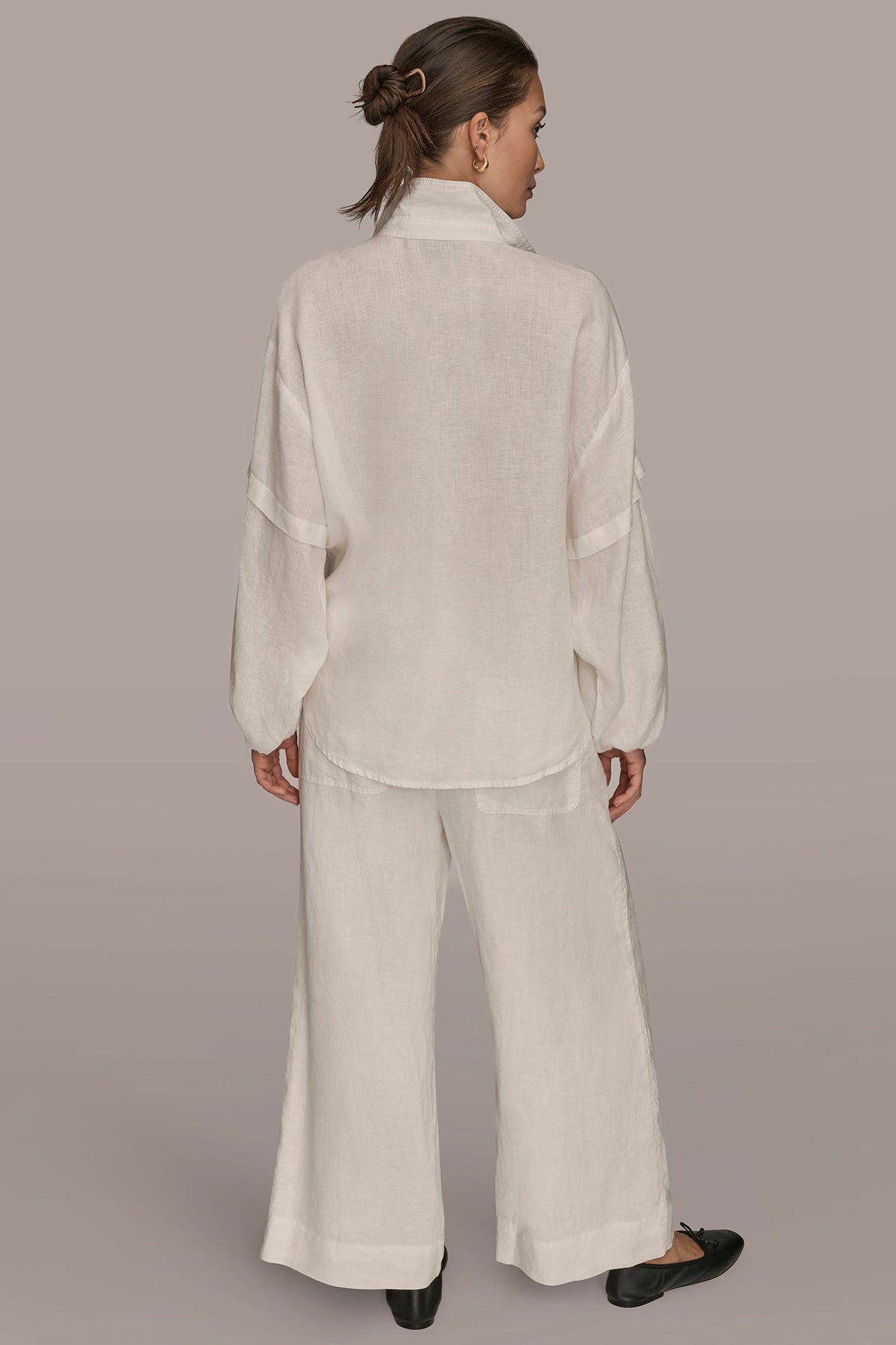 LINEN BLOUSON SLEEVE TIE-FRONT SHIRT - CREAM