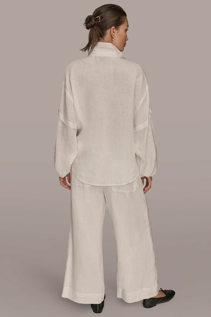 LINEN BLOUSON SLEEVE TIE-FRONT SHIRT - CREAM