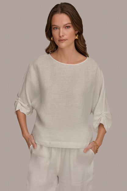 LINEN TWIST CUFF SLEEVE BLOUSE - Cream