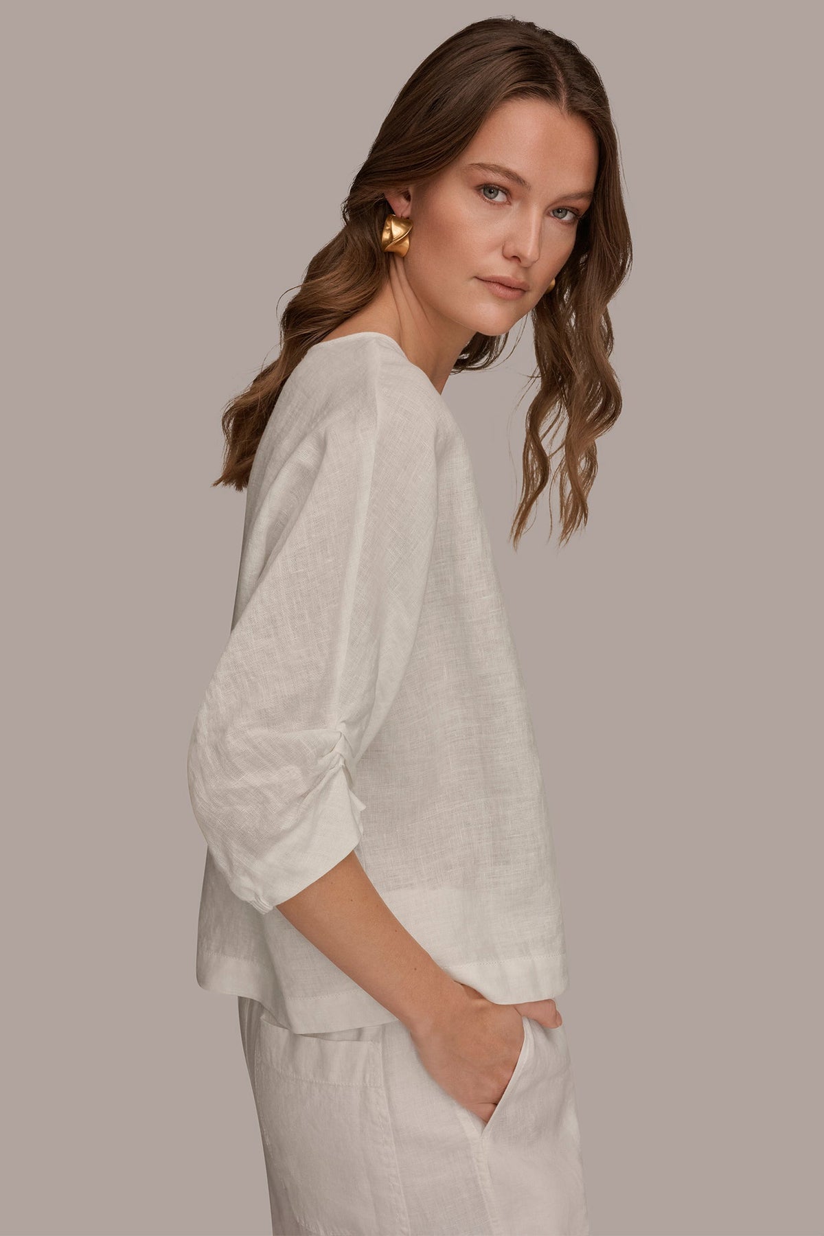 LINEN TWIST CUFF SLEEVE BLOUSE - Cream