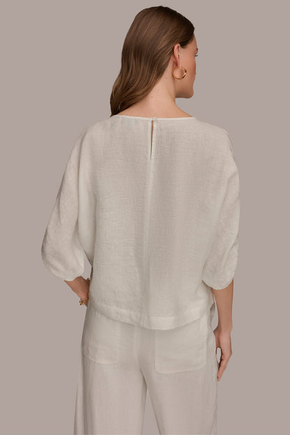 LINEN TWIST CUFF SLEEVE BLOUSE - Cream