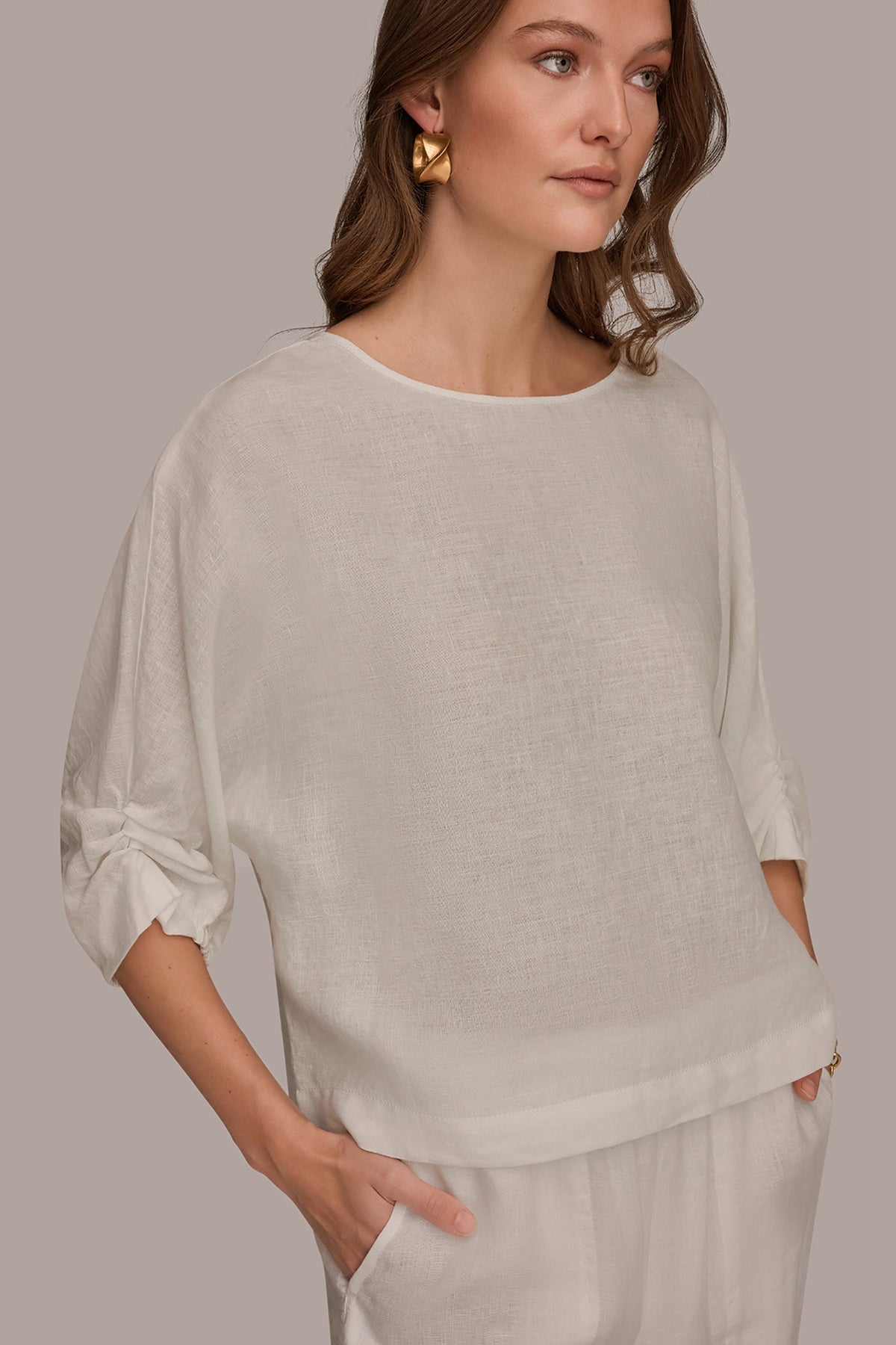 LINEN TWIST CUFF SLEEVE BLOUSE - Cream
