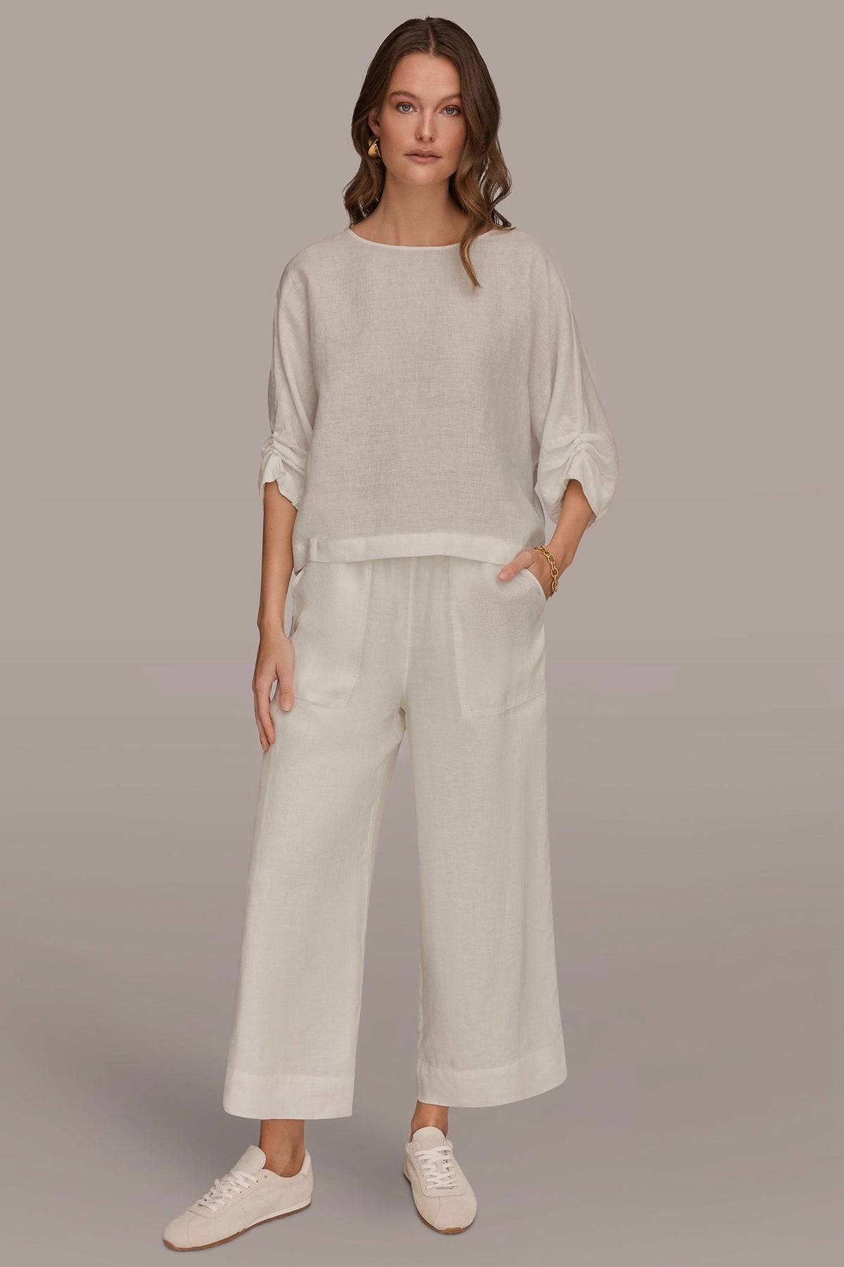 LINEN TWIST CUFF SLEEVE BLOUSE - Cream