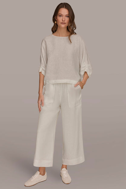 LINEN TWIST CUFF SLEEVE BLOUSE - Cream