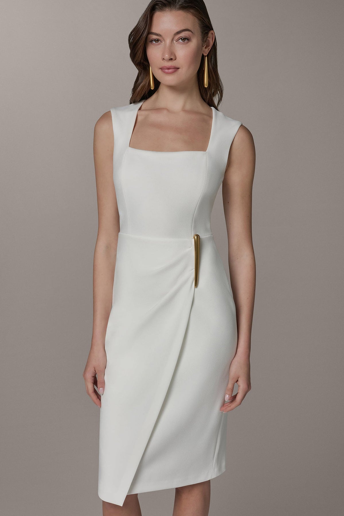 SLEEVELESS WRAP-EFFECT MIDI DRESS - Cream