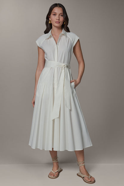 CAP SLEEVE MIDI SHIRT DRESS - Cream