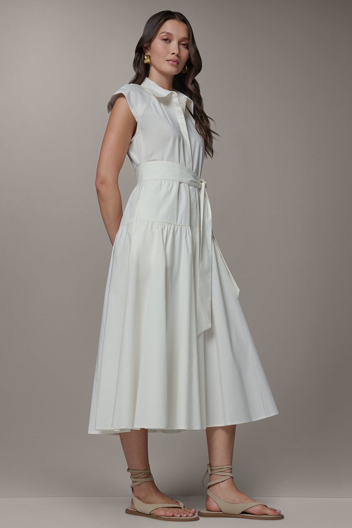 CAP SLEEVE MIDI SHIRT DRESS - Cream