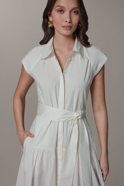 CAP SLEEVE MIDI SHIRT DRESS - Cream