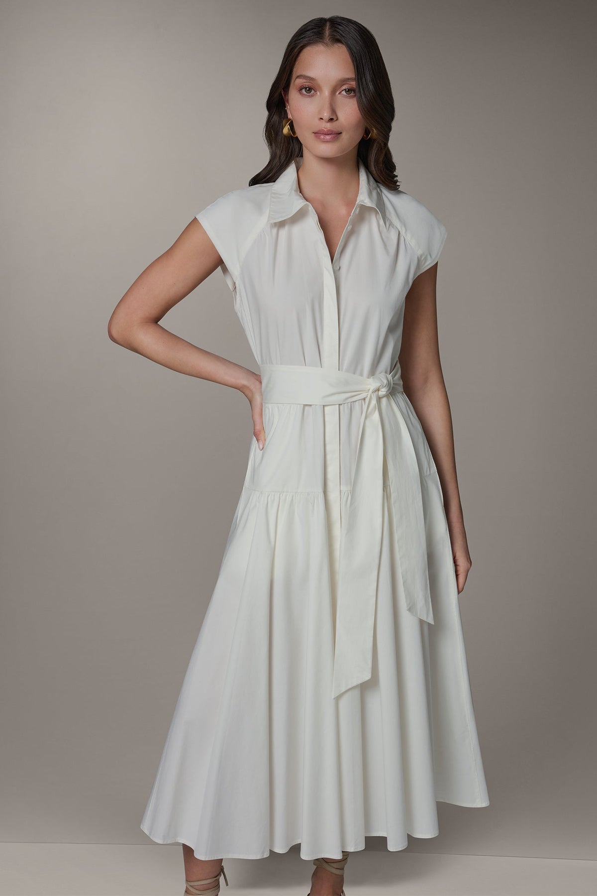 CAP SLEEVE MIDI SHIRT DRESS - Cream