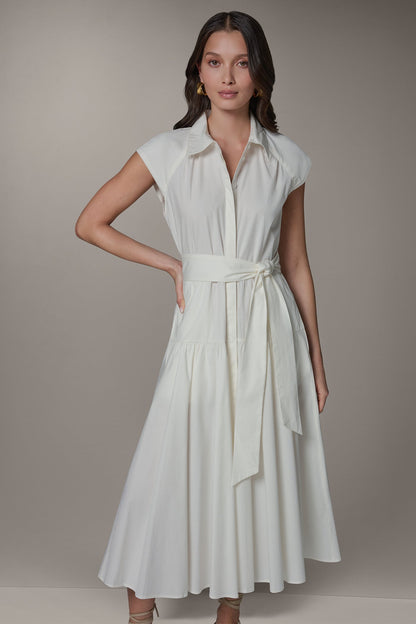 CAP SLEEVE MIDI SHIRT DRESS - Cream