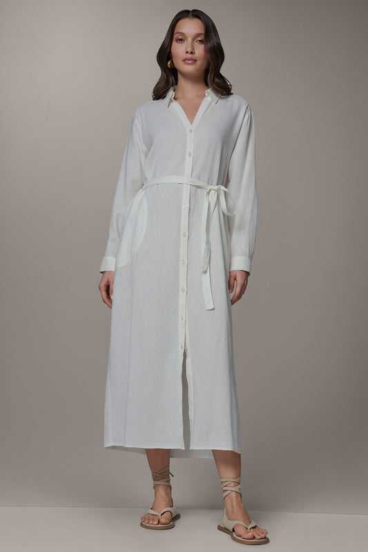 LONG SLEEVE MIDI SHIRT DRESS - Cream
